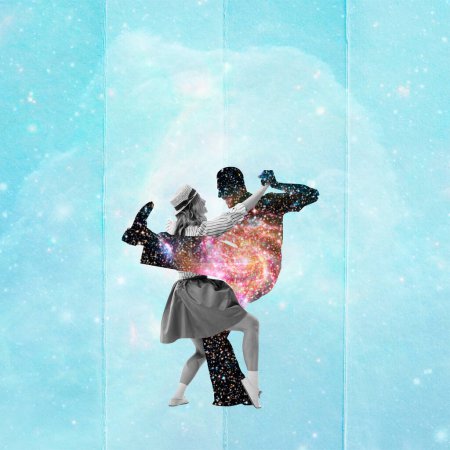 Photo for Contemporary art collage. Stylish woman dancing with male silhouette with space design. Illusion. Concept of creativity, surrealism, imagination, relationship, inspiration, retro style - Royalty Free Image