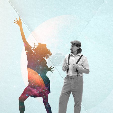 Photo for Contemporary art collage. Man in vintage clothes looking at silhouette of active woman dancing. Freedom. Concept of creativity, surrealism, imagination, relationship, inspiration, retro style - Royalty Free Image