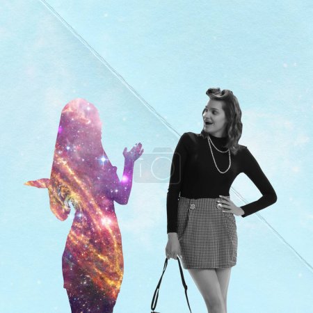 Contemporary art collage. Stylish young woman walking with female silhouette. Illusion talk. Concept of creativity, surrealism, imagination, relationship, inspiration, retro style