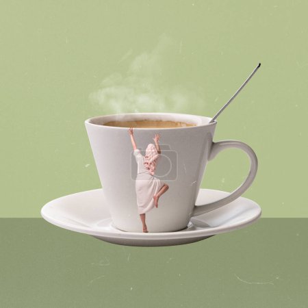 Photo for Contemporary art collage. Creative design. Girl in a bathrobe climbing up the coffee cup over green background. Caffeine need. Concept of hot drinks, coziness, taste, emotions, lifestyle. Poster, ad - Royalty Free Image