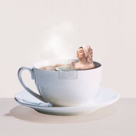 Photo for Contemporary art collage. Creative design. Young girl lyuing into hot black tea cup. Relaxation. Taking steam bath. Concept of hot drinks, coziness, taste, emotions, lifestyle. Poster, ad - Royalty Free Image