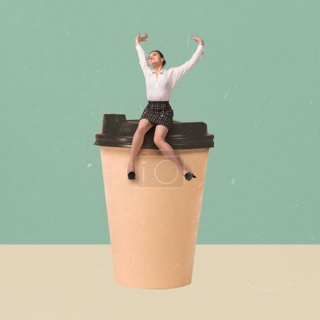 Photo for Contemporary art collage. Creative design. Active young woman sitting on coffee cup to go. Working positive energy. Concept of hot drinks, coziness, taste, emotions, lifestyle. Poster, ad - Royalty Free Image