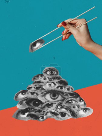 Photo for Contemporary art collage. Conceptual image. Female hand holding human eye with chopstick. Not caring about social opinion. Concept of inner world, social influence, psychology, diversity. Surrealism. - Royalty Free Image