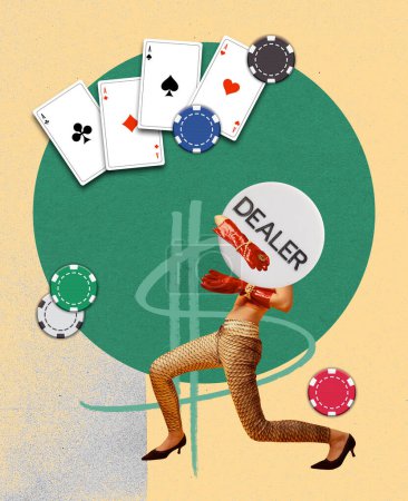 Photo for Contemporary art collage. Creative design. Gambling card games. Poker. Online and offline betting. Concept of game, hobby, leisure time, game strategy, creativity - Royalty Free Image