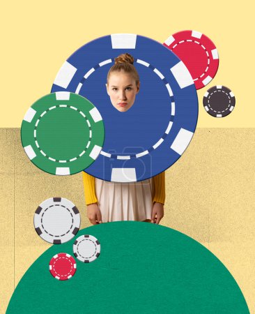 Photo for Contemporary art collage. Creative design. Young girl over playing chips. Casino. Betting. Chance and luck. Concept of game, hobby, leisure time, game strategy, creativity - Royalty Free Image
