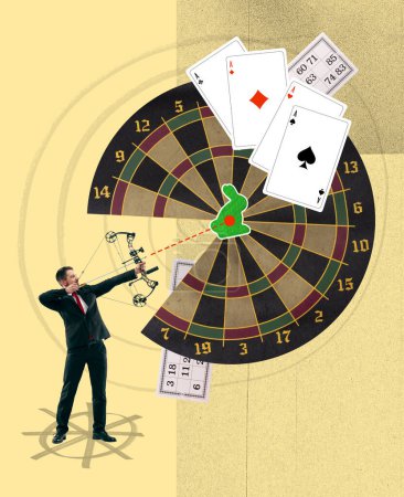 Photo for Contemporary art collage. Creative design. Man in a suit aiming arrow on target. Casino, online betting. Gambling. Concept of game, hobby, leisure time, game strategy, creativity - Royalty Free Image