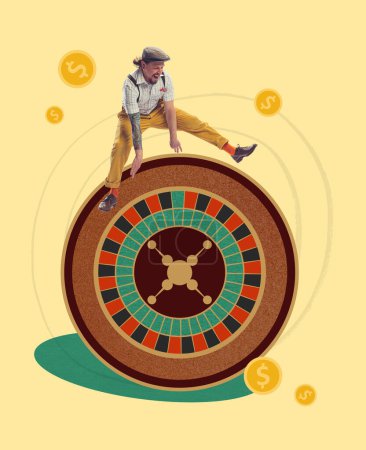 Photo for Contemporary art collage. Creative design. Excited man jumping over French roulette. Earning money. Online gambling. Concept of game, hobby, leisure time, game strategy, creativity - Royalty Free Image