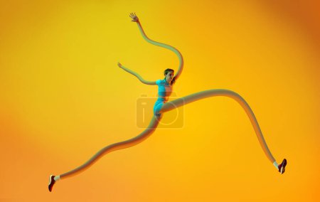 Photo for Contemporary art collage. Creative design. Young sportive woman, athlete training, running over orange background. Inspiration, idea, fantasy, surrealism, fashion and style. Copyspace for ad. Sport. - Royalty Free Image