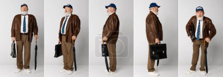 Foto de Collage. Retratos de vista frontal y lateral del anciano en chaqueta de cuero posando con maletín y paraguas sobre fondo gris. Empleado. Concepto de emociones, expresión facial, estilo de vida, moda - Imagen libre de derechos