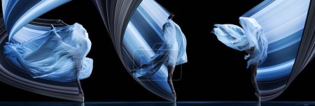 Photo for Modern design. Contemporary art. Ballerina dancing with transparent cloth over black background. Abstract design elements. Creative conceptual and colorful collage in surreal style. - Royalty Free Image