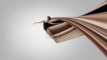 Photo for Modern design. Contemporary art. Tender young ballerina performing, dancing over grey background. Abstract design elements. Creative conceptual and colorful collage in surreal style. - Royalty Free Image