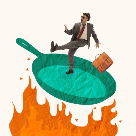 Photo for Contemporary art collage. Creative design. Stylish businessman dancing on frying pan over fire. Burning deadlines. Professional tasks. Concept of business, career development, success, growth - Royalty Free Image