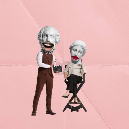Photo for Contemporary art collage. Man and woman with antique statue heads making film. Creative lifestyle. Movie time. Inspiration, idea, trendy magazine style. Surrealism. Retro style - Royalty Free Image