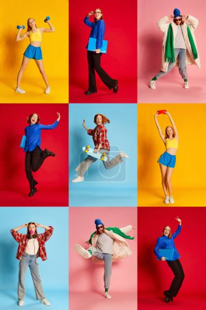 Photo for Collage. Full-length portraits of young redhead girl posing in different clothes over multicolored background. Concept of youth, beauty, fashion, lifestyle, emotions, facial expression. Ad - Royalty Free Image
