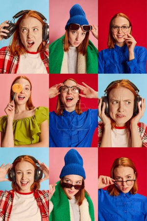 Photo for Collage. Portraits of young redhead girl posing in different clothes over multicolored background. Emotive. .Concept of youth, beauty, fashion, lifestyle, emotions, facial expression. Ad - Royalty Free Image