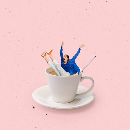Téléchargez les photos : Contemporary art collage. Creative design. Happy, excited young woman sitting inside cup with coffee. Energy and caffeine. Concept of hot drinks, coziness, taste, emotions, lifestyle. Poster, ad - en image libre de droit