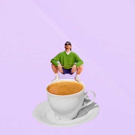 Photo for Contemporary art collage. Creative design. Young stylish man sitting on cup with delicious coffee, espresso. Coffee break. Concept of hot drinks, coziness, taste, emotions, lifestyle. Poster, ad - Royalty Free Image