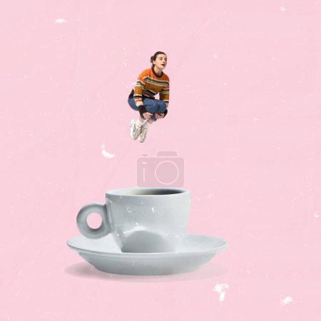 Photo for Contemporary art collage. Creative design. Young woman in cozy sweater jumping into cup with coffee over light pink background. Concept of hot drinks, coziness, taste, emotions, lifestyle. Poster, ad - Royalty Free Image