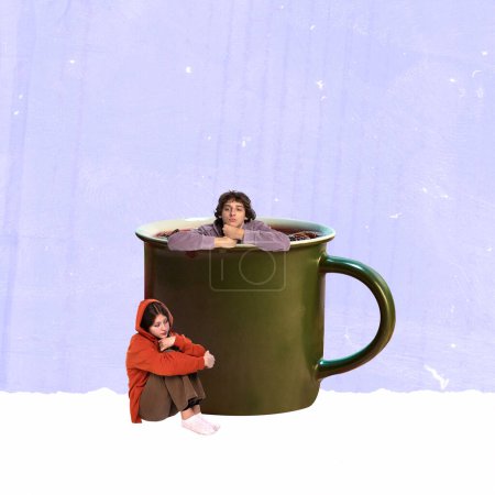 Photo for Contemporary art collage. Creative design. Young boy and girl sitting with cup of healthy berry tea. Feeling sad. Concept of hot drinks, coziness, taste, emotions, lifestyle. Poster, ad - Royalty Free Image