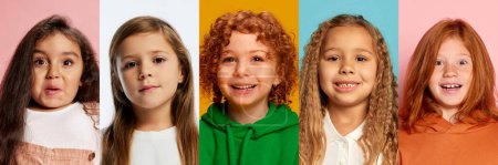 Foto de Close-up portraits of little girls, children showing emotions of happiness and positive shock, excitement over multicolored background. Concept of emotions, childhood, facial expression. Collage. - Imagen libre de derechos