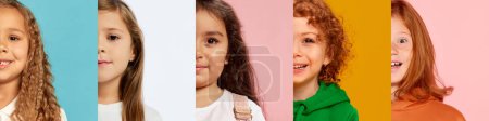 Photo for Collage. Half-face portraits of beautiful little girls, children showing positive emotions over multicolored background. Five kids looking at camera. Concept of emotions, childhood, facial expression. - Royalty Free Image