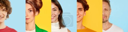 Foto de Collage. Half-face portraits of different people, men and women of different age posing, smiling, looking at camera over multicolored background. Concept of emotions, facial expression, lifestyle - Imagen libre de derechos