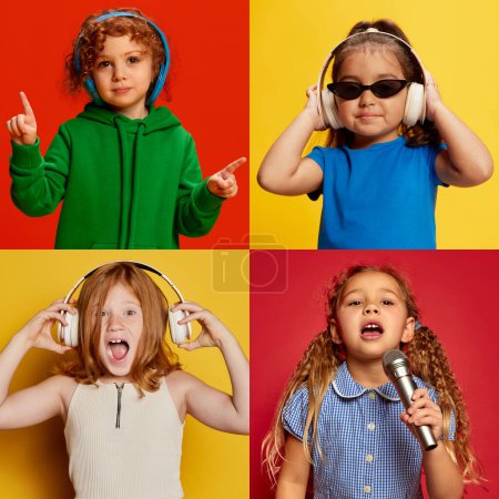 Téléchargez les photos : Hobby, fun, game. Collage. Beautiful, emotional girls, children singing, listening to music in headphones, posing over multicolored background. Concept of childhood, facial expression and emotions - en image libre de droit