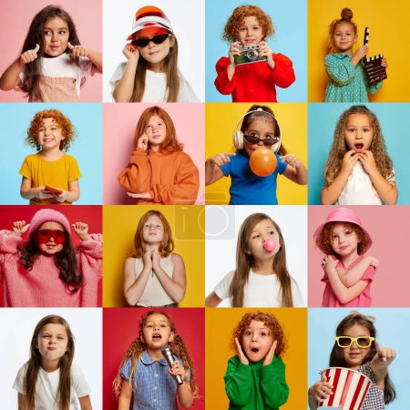 Téléchargez les photos : Collage. Portraits of cute emotional girls, children showing different emotions, posing over multicolored background. Diverse hobby, fun and game. Concept of emotions, childhood, facial expression. - en image libre de droit