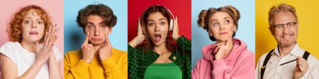 Téléchargez les photos : Collage of five people, men and women showing different emotion, posing over multicolored background. Happy, shocked, tired, dreamy. Concept of emotions, facial expression, lifestyle - en image libre de droit