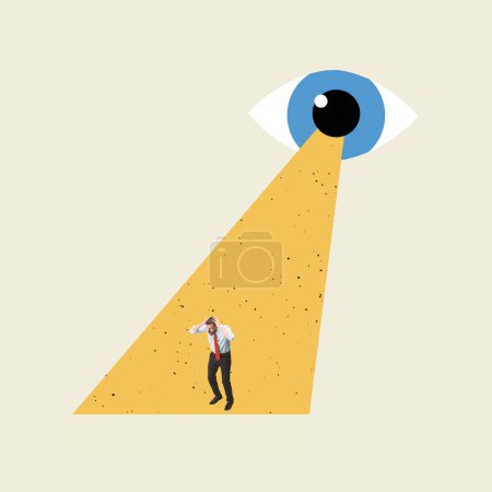 Photo for Contemporary art collage. Creative design. Management control over employees. Man, worker standing under vision of big eye. Clear system of working process. Concept of career development, business - Royalty Free Image