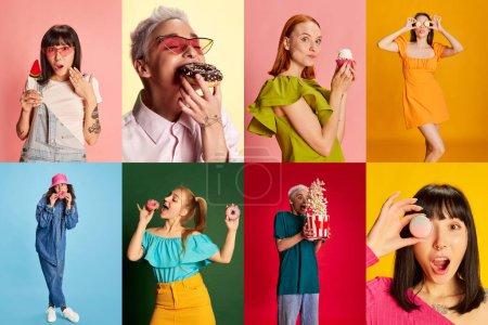 Foto de Collage. Beautiful, young, stylish girls posing with various food, eating over multicolored background. Enjoyment. Concept of youth, fashion, emotions, lifestyle, fun, party and leisure time. - Imagen libre de derechos