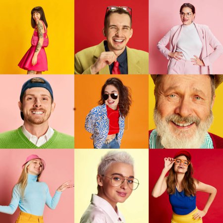 Photo for Collage. Portraits of different people, men and women of different ega showing positive emotions, posing over multicolored background. Concept of emotions, facial expression, positive vibes, good mood - Royalty Free Image