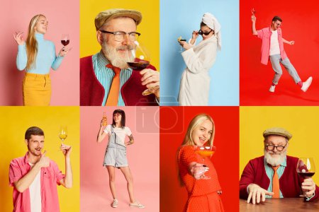 Foto de Collage. Stylish people, men and women posing, drinking delicious cocktail, wine over multicolored background. Degustation. Concept of emotions, style, party, relaxation and leisure time, fun - Imagen libre de derechos
