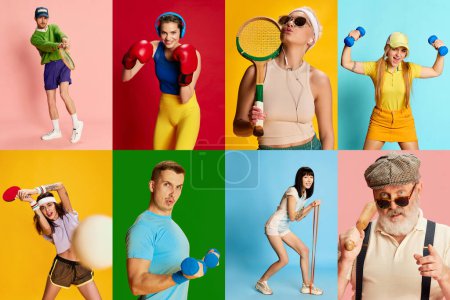 Téléchargez les photos : Collage. Portraits of different stylish people, men and women of different age doing various sports, training over multicolored background. Concept of emotions, fitness, hobby, active lifestyle, sport - en image libre de droit