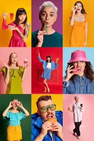 Téléchargez les photos : Collage. Portraits of young stylish people, man and women eating, drinking, posing over multicolored background. Concept of emotions, lifestyle, degustation, taste. Food lovers - en image libre de droit