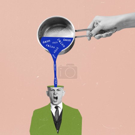 Photo for Contemporary art collage. Conceptual creative design. Addiction. Human hand pouring false information into mans head. Concept of surrealism, sociall media influence, lie, imagination, lifestyle - Royalty Free Image