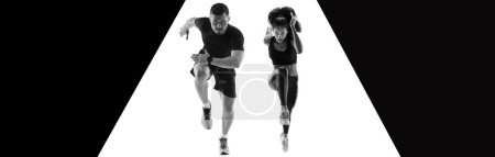 Photo for Sportive people, athletes, man and woman, running over white and black background. Concept of speed, endurance, competitiion, action and motion. Banner, flyer. Copyspace for ad. - Royalty Free Image