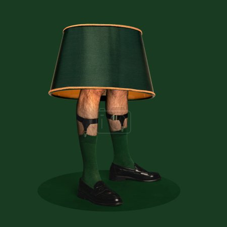 Photo for Contemporary art collage. Creative design. Abstract surreal artwork. Male legs in socks standing under lamp over green background. Concept of surrealism, imagination, vintage, inspiration, fashion. - Royalty Free Image