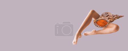 Foto de Contemporary art collage. Creative design. Female legs with seashell element over grey background. Banner, flyer. Concept of surrealism, imagination, vintage, inspiration, artwork. - Imagen libre de derechos