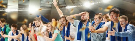 Photo for Group of emotive, expressive young people, football, soccer fans cheering team at the stadium. Diversity of emotions. Concept of sport, cup, world, team, event, competition, lifestyle, emotions - Royalty Free Image