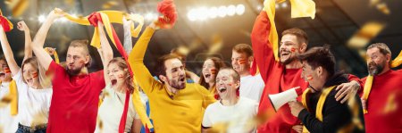 Téléchargez les photos : Group of emotive, expressive young people, football, soccer fans cheering Spanish team at the stadium. Winning emotions. Concept of sport, cup, world, team, event, competition, lifestyle - en image libre de droit