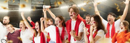 Foto de Group of emotive, expressive young people, football, soccer fans cheering team at the stadium. Winning emotions. Concept of sport, cup, world, team, event, competition, lifestyle - Imagen libre de derechos