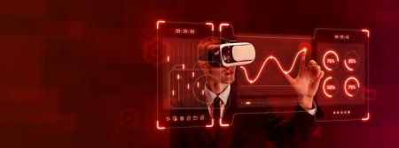 Photo for Man, employee wearing VR glasses and working on virtual holographic computer screen. Developing high security system. Concept of business, innovative technologies, IT, virtual graphic, simulation - Royalty Free Image