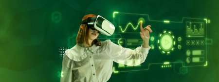 Photo for Woman, employee wearing VR glasses and working on virtual holographic computer screen. Checking privacy system. Concept of business, innovative technologies, network, IT, virtual graphic, simulation - Royalty Free Image