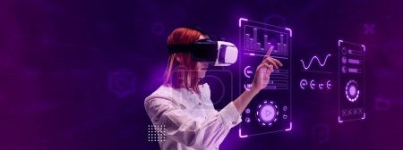 Photo for Woman, employee wearing VR glasses and working on virtual holographic computer screen. Profile, interface accessibility. Concept of business, innovative technologies, IT, virtual graphic, simulation - Royalty Free Image