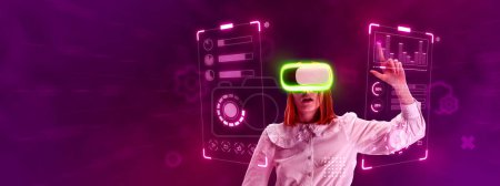 Photo for Woman, employee wearing VR glasses, working on virtual holographic device screen. Checking inner processes of the programme. Concept of business, innovative technologies, virtual graphic, simulation - Royalty Free Image