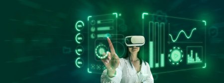 Foto de Woman, employee wearing VR glasses and working on virtual holographic device screen. Hi-tech user interface. Concept of business, innovative technologies, network, IT, virtual graphic, simulation - Imagen libre de derechos