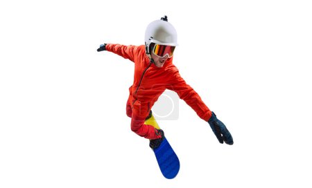Photo for Portrait of active man, snowboarder in uniform riding on snowboard isolated over white studio background. Competiton. Concept of winter sport, action, motion, hobby, leisure time - Royalty Free Image