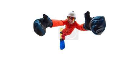 Photo for Top view. Portrait of active man, snowboarder in uniform riding on snowboard, taking selfie isolated over white studio background. Concept of winter sport, action, motion, hobby, leisure time - Royalty Free Image