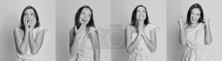 Photo for Collage. Black and white portraits of young, beautiful girl emotionally posing. Positive and nervous look. Concept of youth, beauty, fashion, lifestyle, emotions, facial expression. Ad - Royalty Free Image